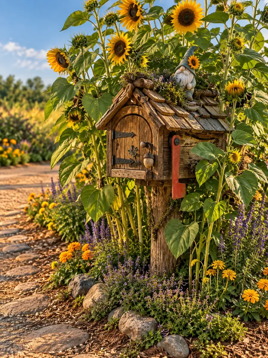 A sunflower gnome on a wooden mailbox beside the trail