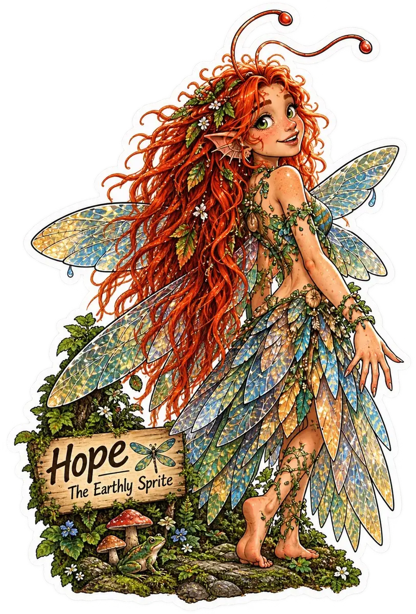 Hope the Earthly Sprite with a small frog sticker