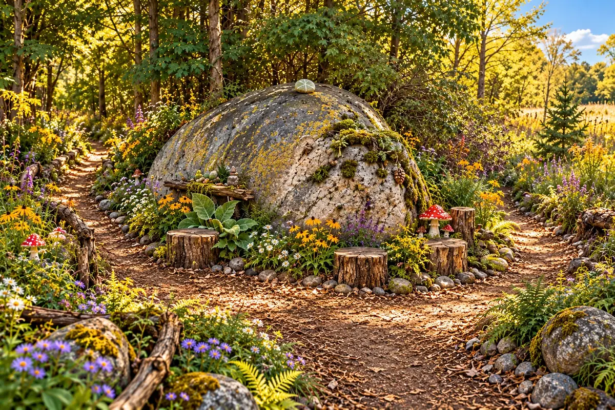 The Giant Rock with moss, flowers and seats along a branching path