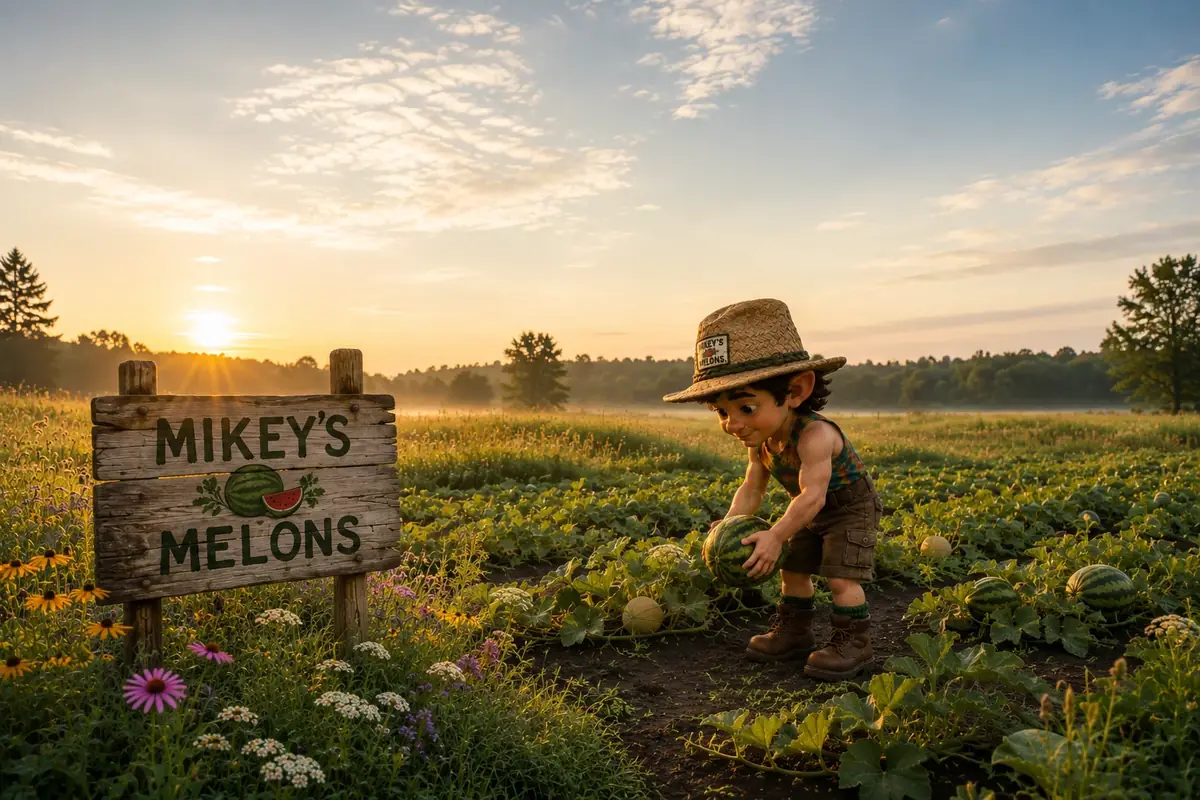 Mikey G gathering a melon at golden sunrise beside the Mikey’s Melons sign