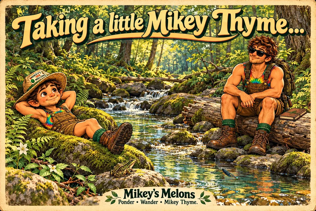 Mikey G and Biff taking a little Mikey Thyme beside the creek