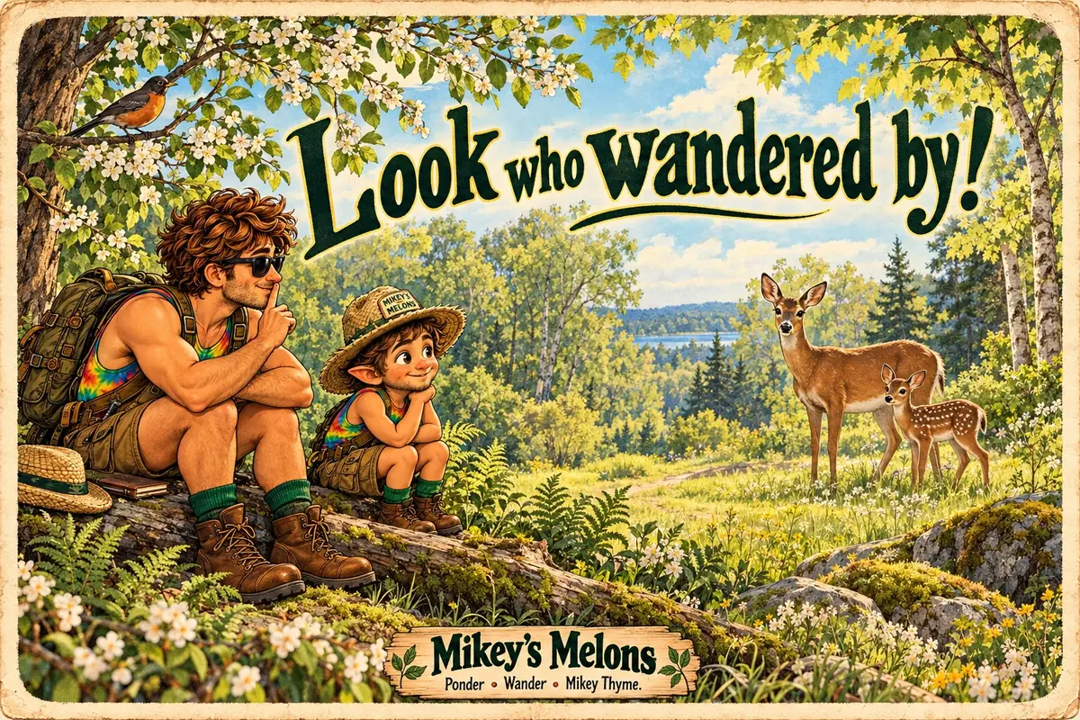 Mikey and Biff pause together as a deer and fawn wander by