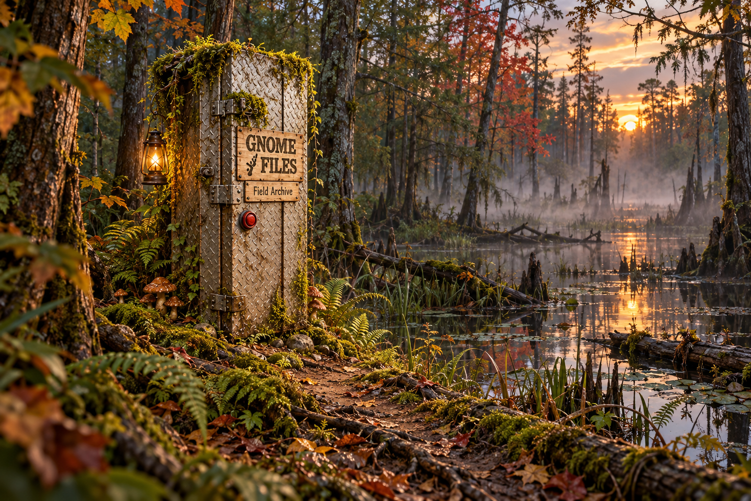 The closed Gnome Files cabinet covered with moss and mushrooms outdoors at the swamp’s edge