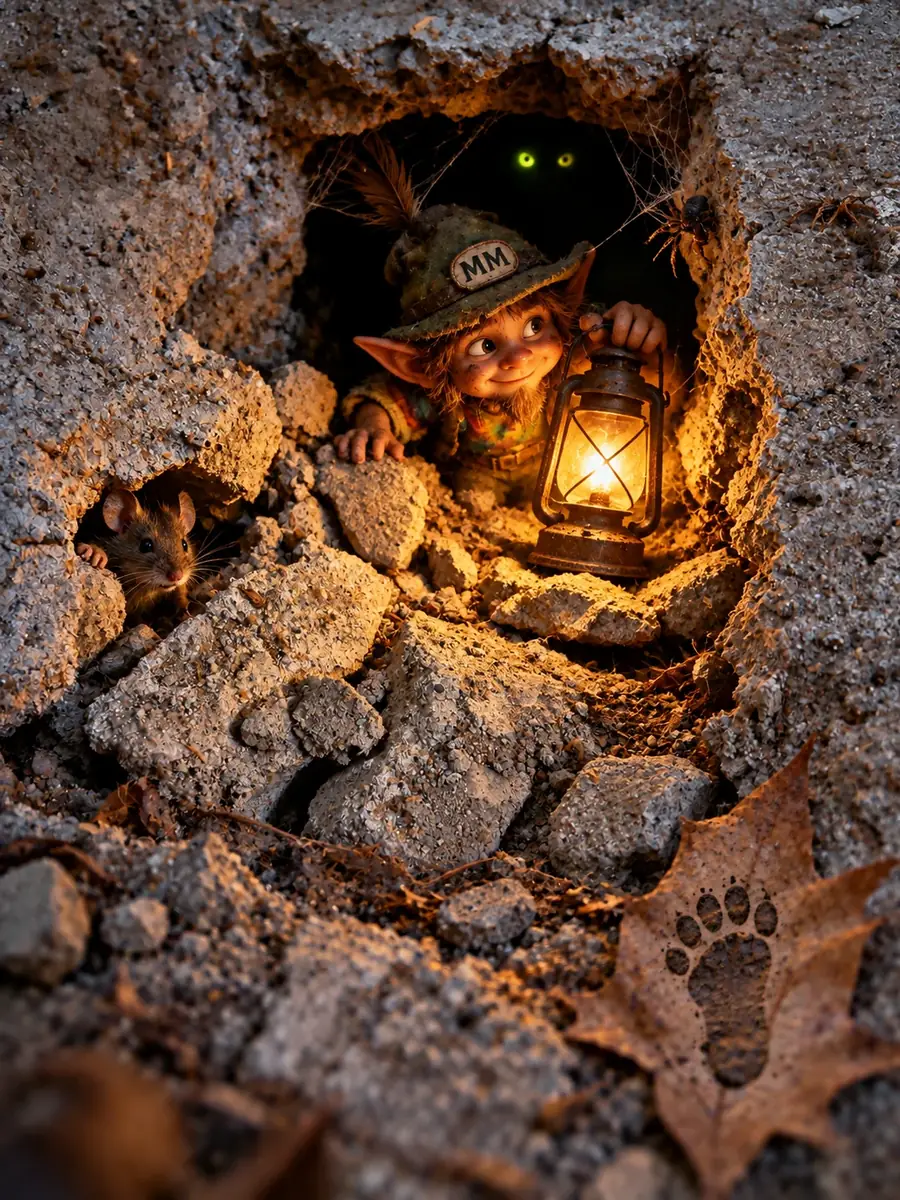 Mikey lifts a lantern beneath the cracked floor while a mouse peeks out