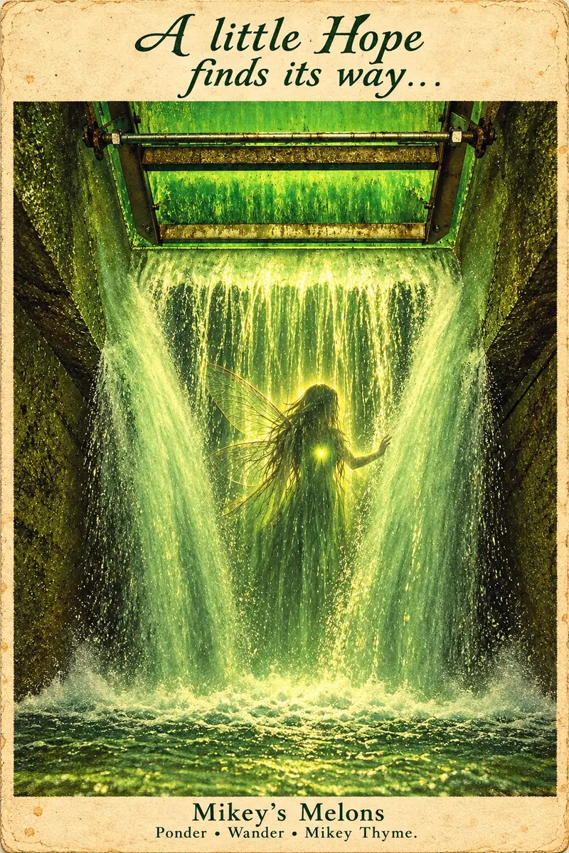 A little Hope finds its way through the green-lit waterfall