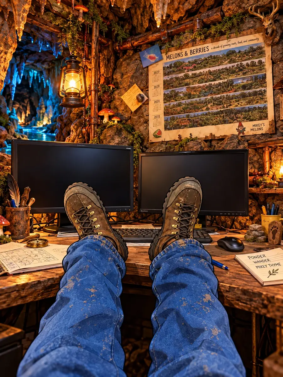 A lantern-lit cave office, with boots up and a notebook close by