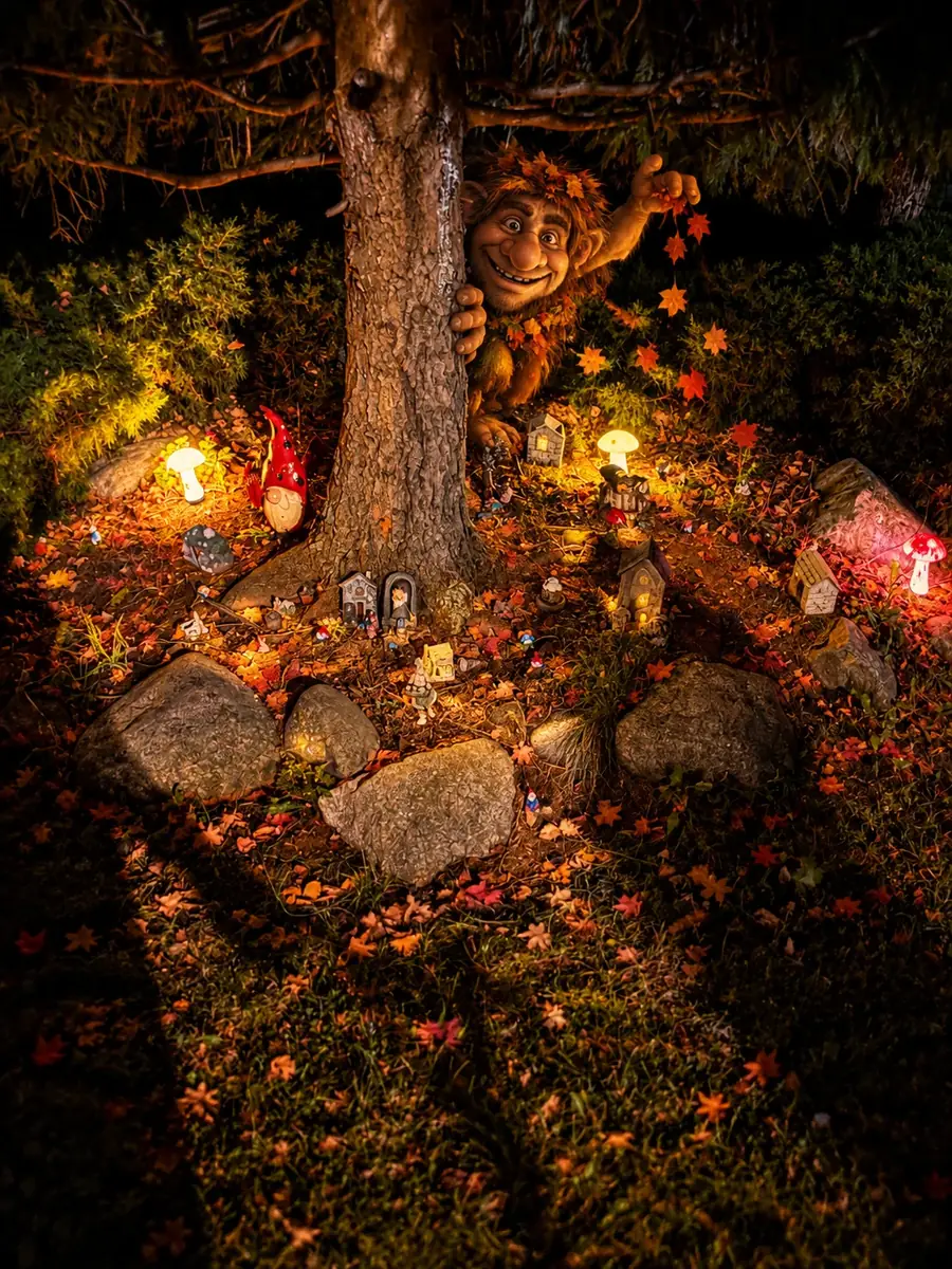 A curious woodland passerby beside tiny glowing village doorways